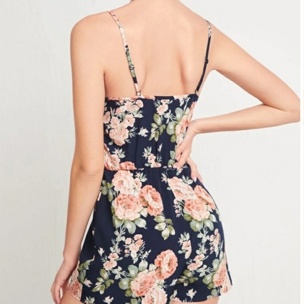Blue and pink floral tropical spaghetti strap tank romper - Picture 3 of 3